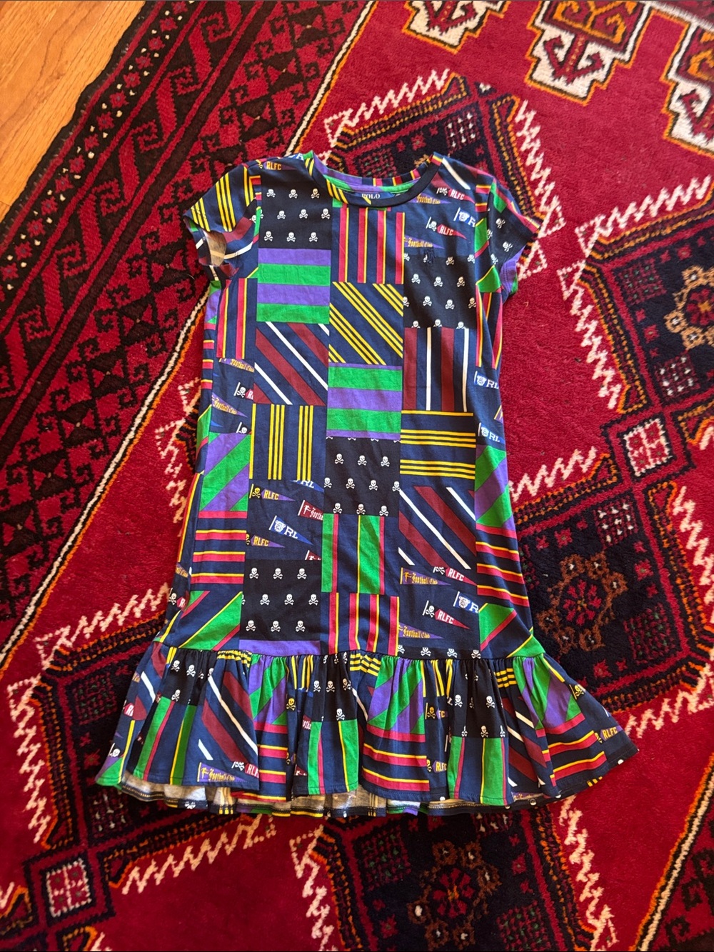 Polo by Ralph Lauren Navy Multicolor Patchwork Stripe Ruffle Hem Dress